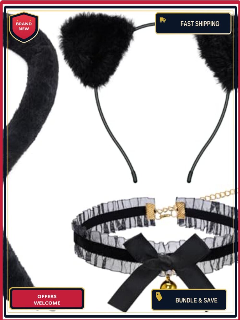 Cat Ears Headband Tail Collar Set Plush Halloween Costume Accessories